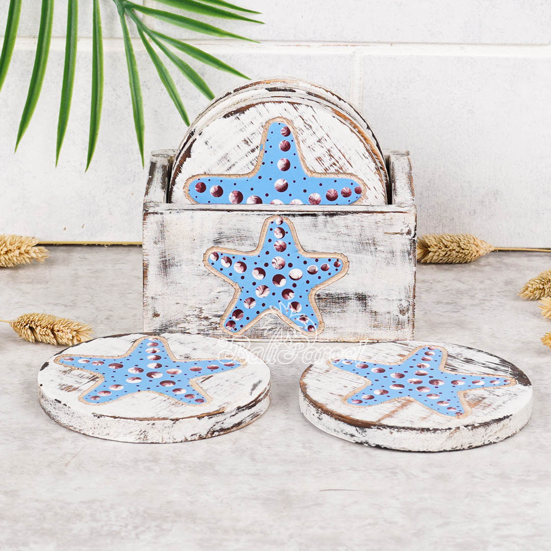 Wooden Coaster Round Set Of 6 With Boxed And Painting, Handmade From Albeisa Wood