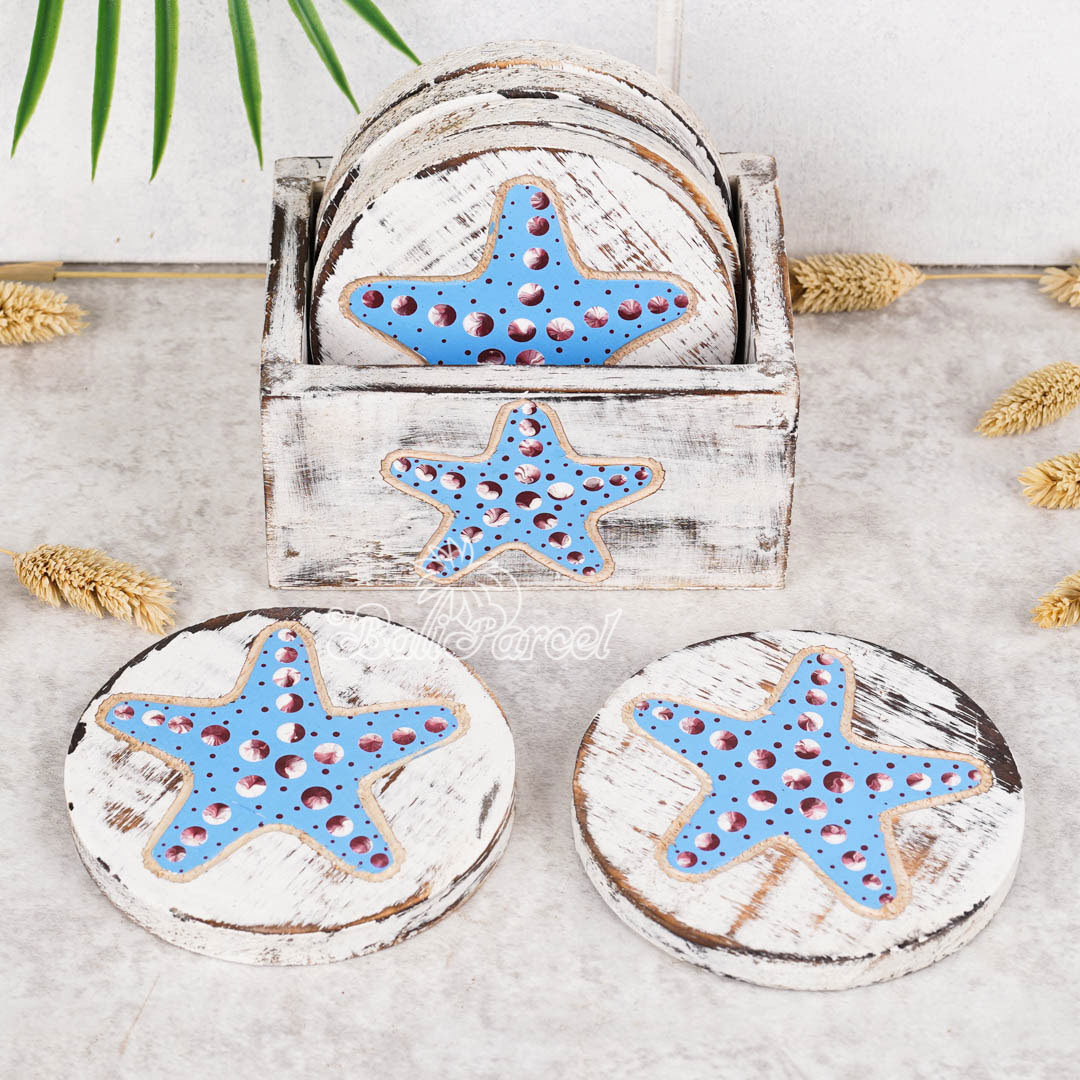 Wooden Coaster Round Set Of 6 With Boxed And Painting, Handmade From Albeisa Wood
