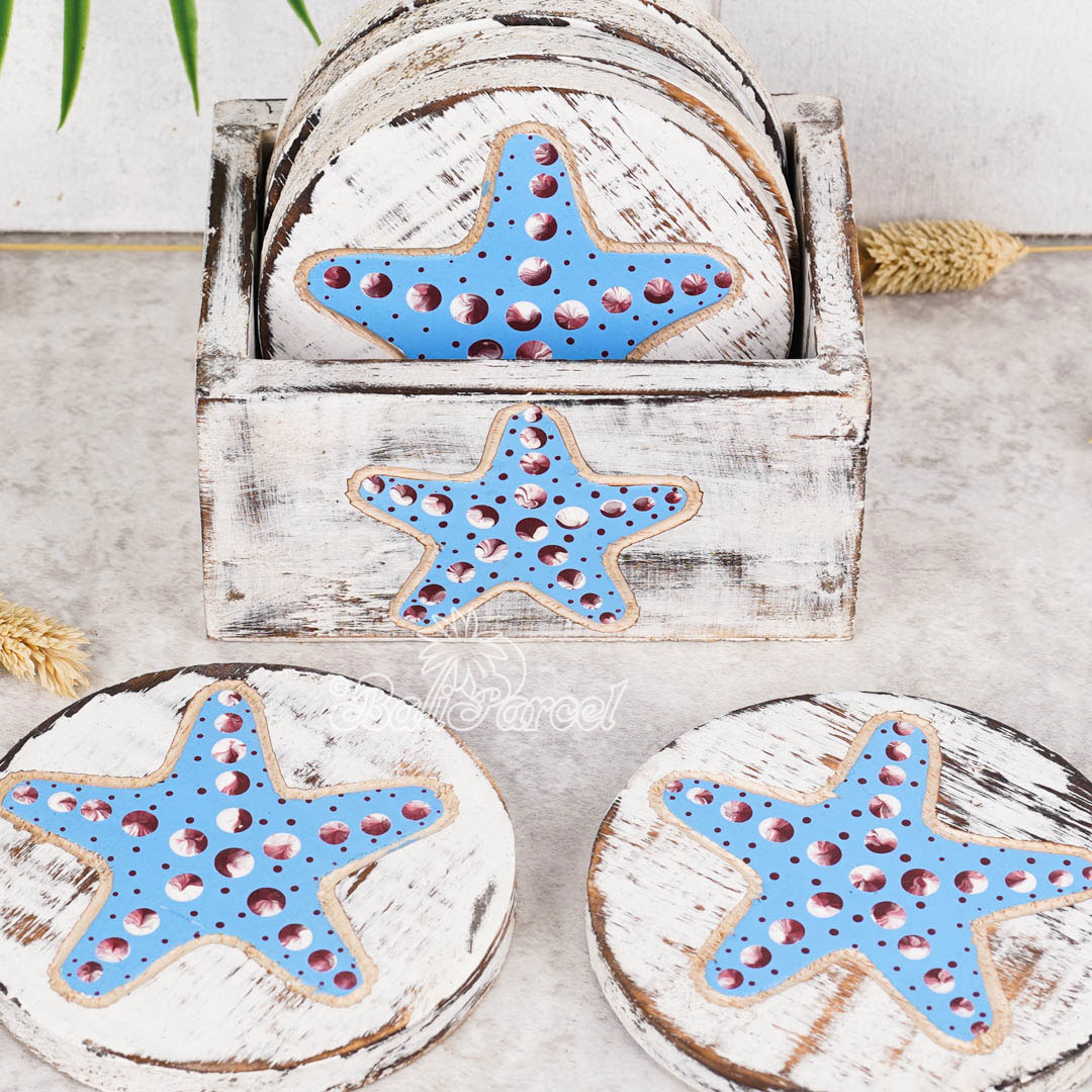 Wooden Coaster Round Set Of 6 With Boxed And Painting, Handmade From Albeisa Wood