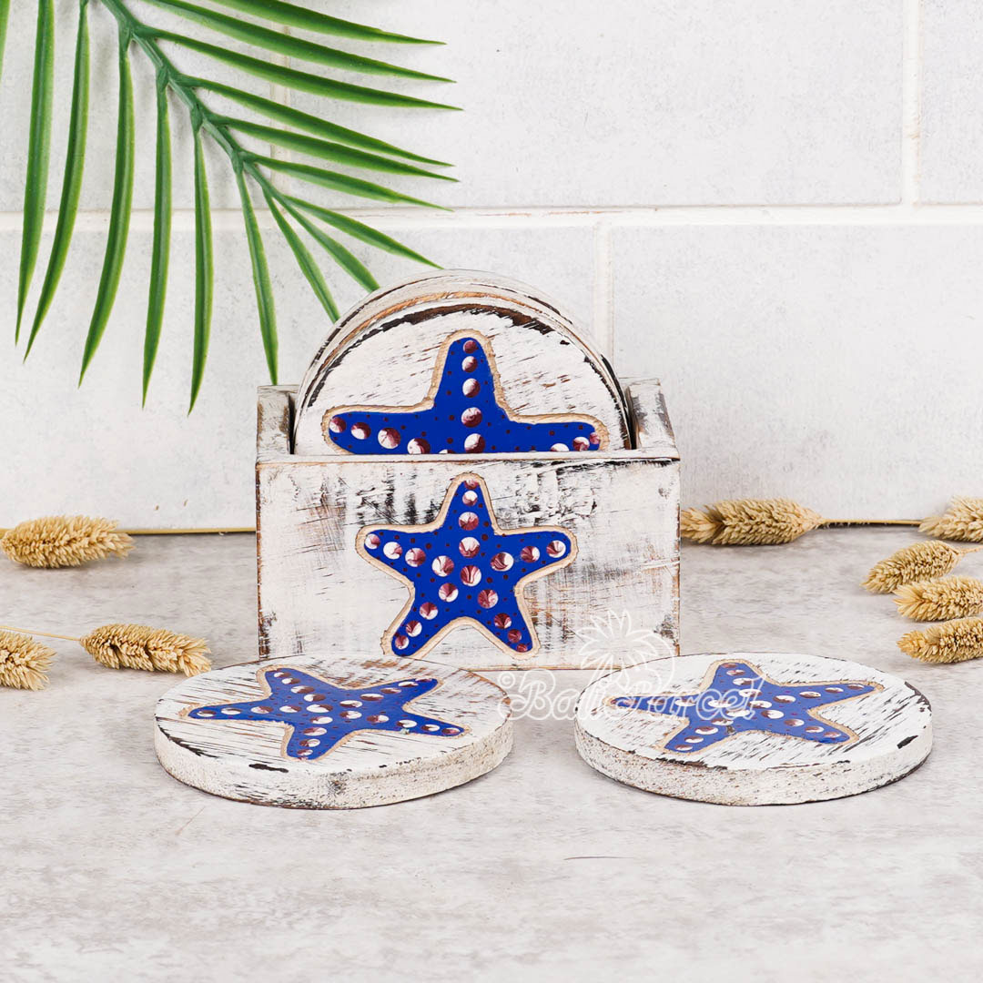 Wooden Coaster Round Set Of 6 With Boxed And Painting, Handmade From Albeisa Wood