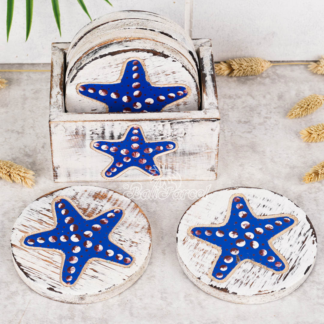 Wooden Coaster Round Set Of 6 With Boxed And Painting, Handmade From Albeisa Wood