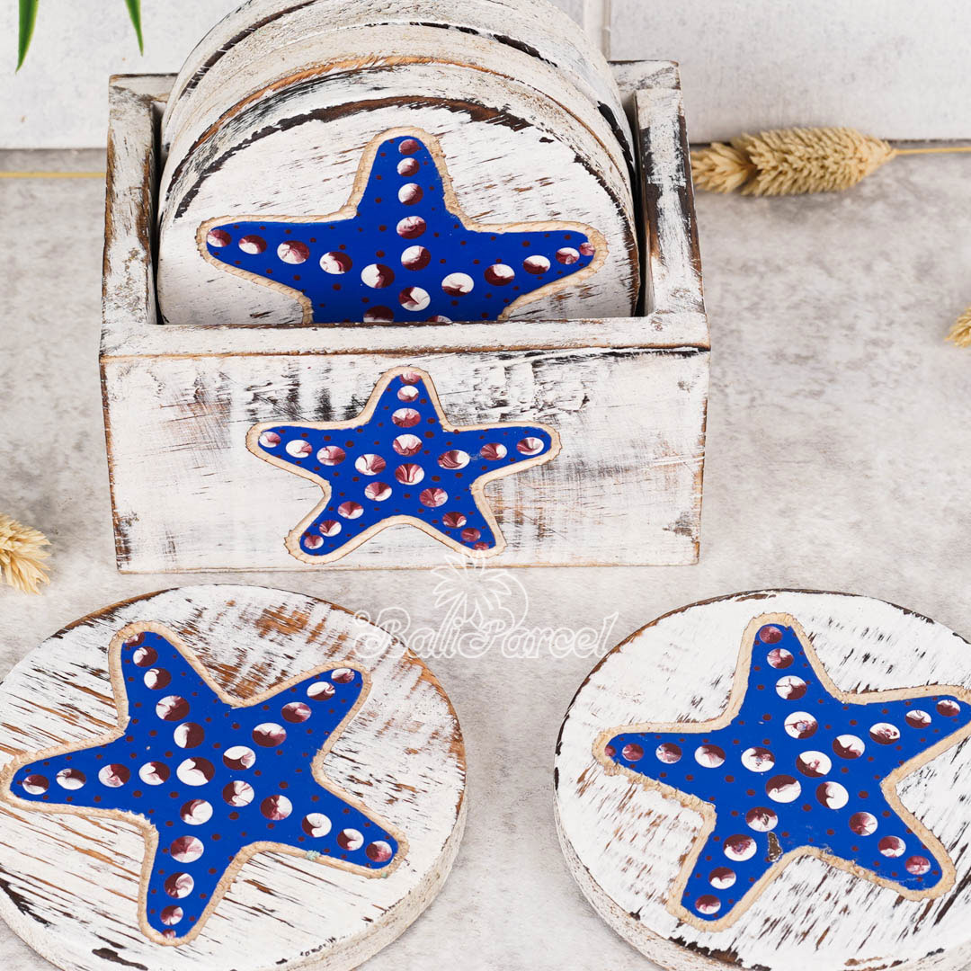 Wooden Coaster Round Set Of 6 With Boxed And Painting, Handmade From Albeisa Wood