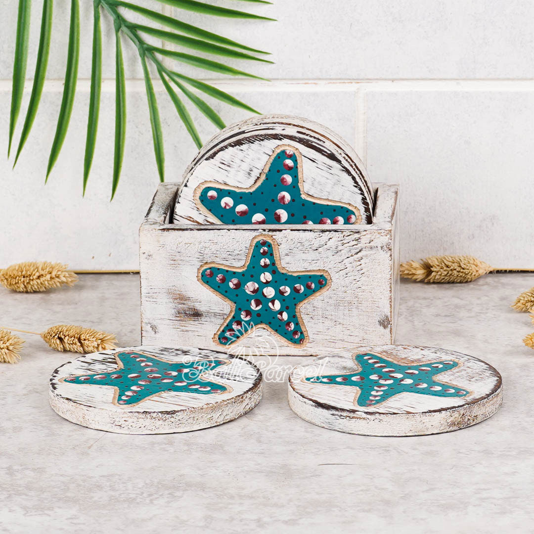 Wooden Coaster Round Set Of 6 With Boxed And Painting, Handmade From Albeisa Wood