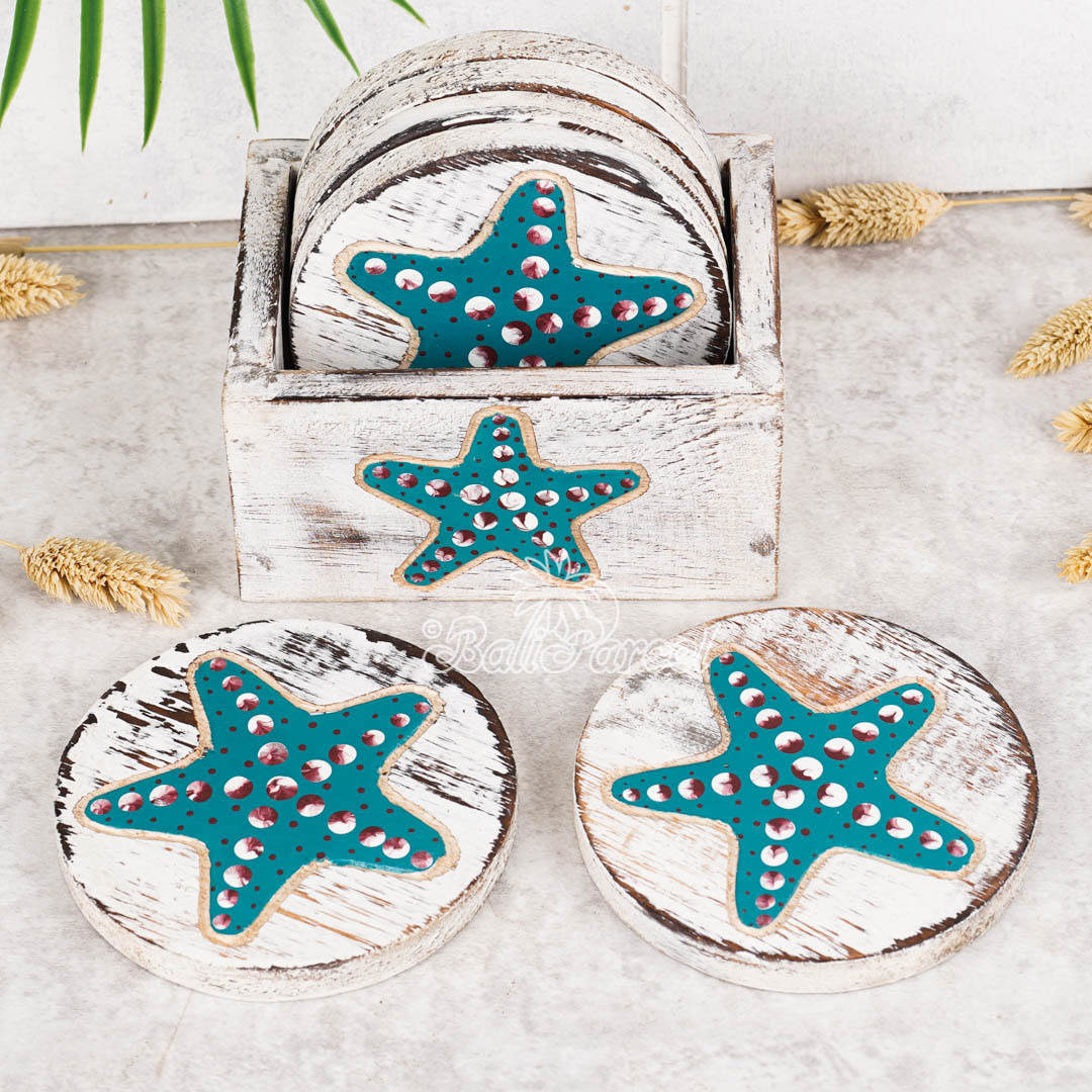 Wooden Coaster Round Set Of 6 With Boxed And Painting, Handmade From Albeisa Wood