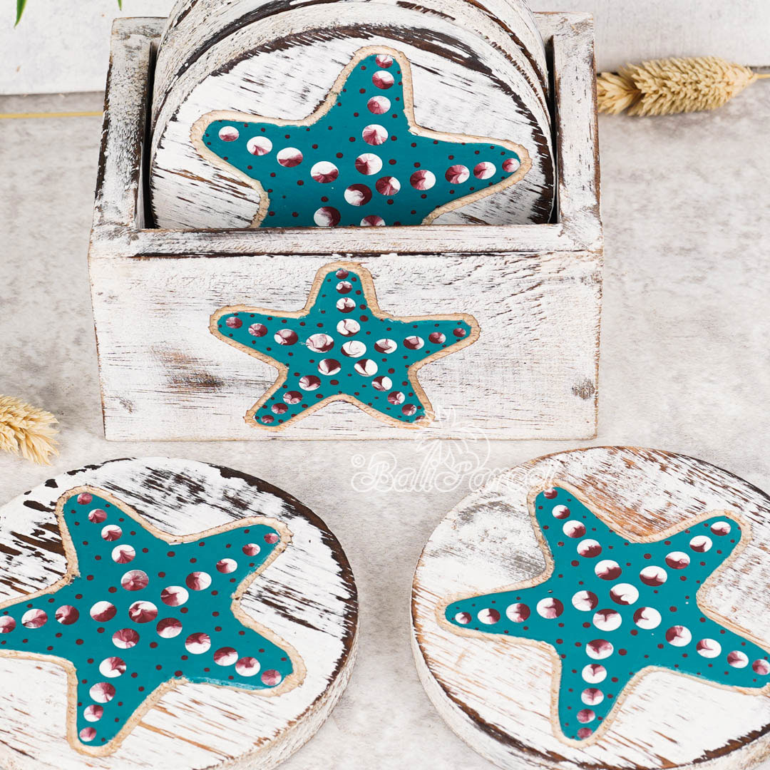 Wooden Coaster Round Set Of 6 With Boxed And Painting, Handmade From Albeisa Wood