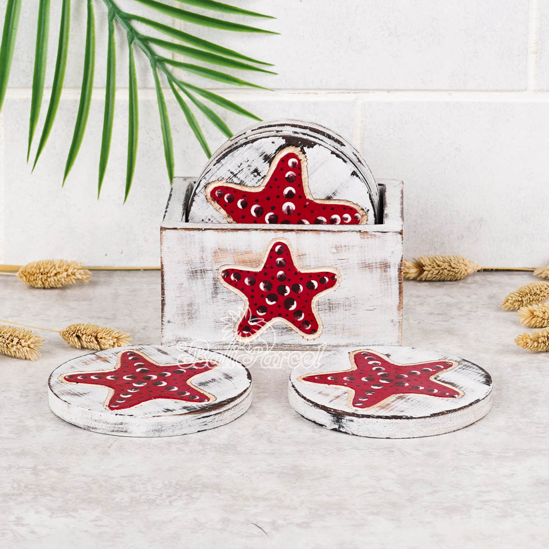 Wooden Coaster Round Set Of 6 With Boxed And Painting, Handmade From Albeisa Wood