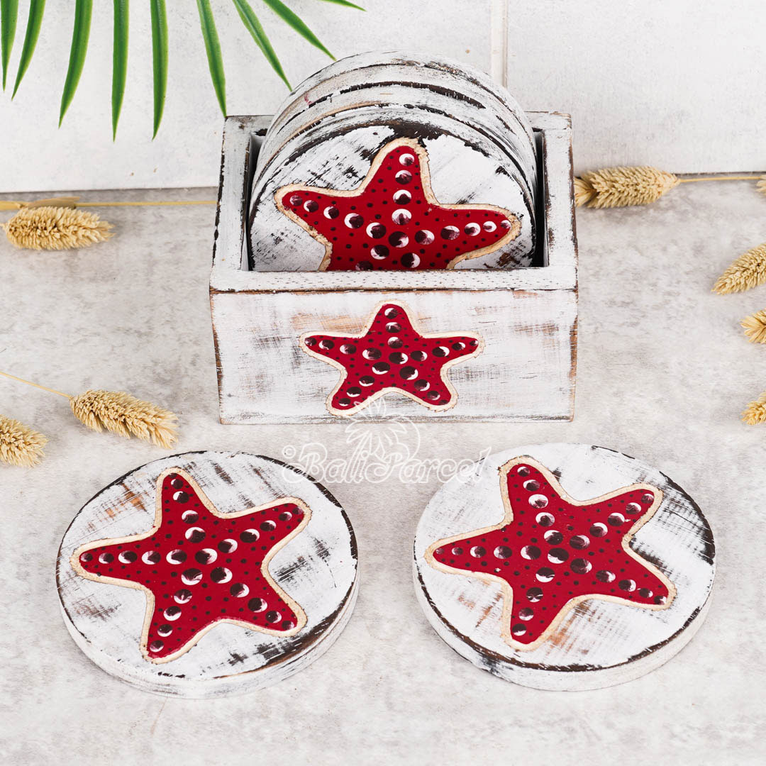 Wooden Coaster Round Set Of 6 With Boxed And Painting, Handmade From Albeisa Wood