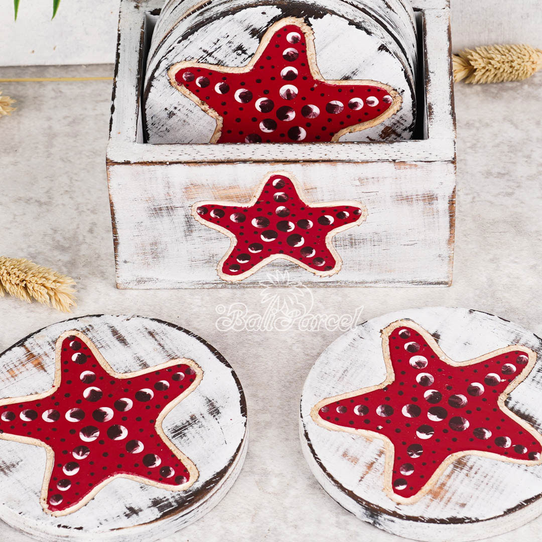 Wooden Coaster Round Set Of 6 With Boxed And Painting, Handmade From Albeisa Wood