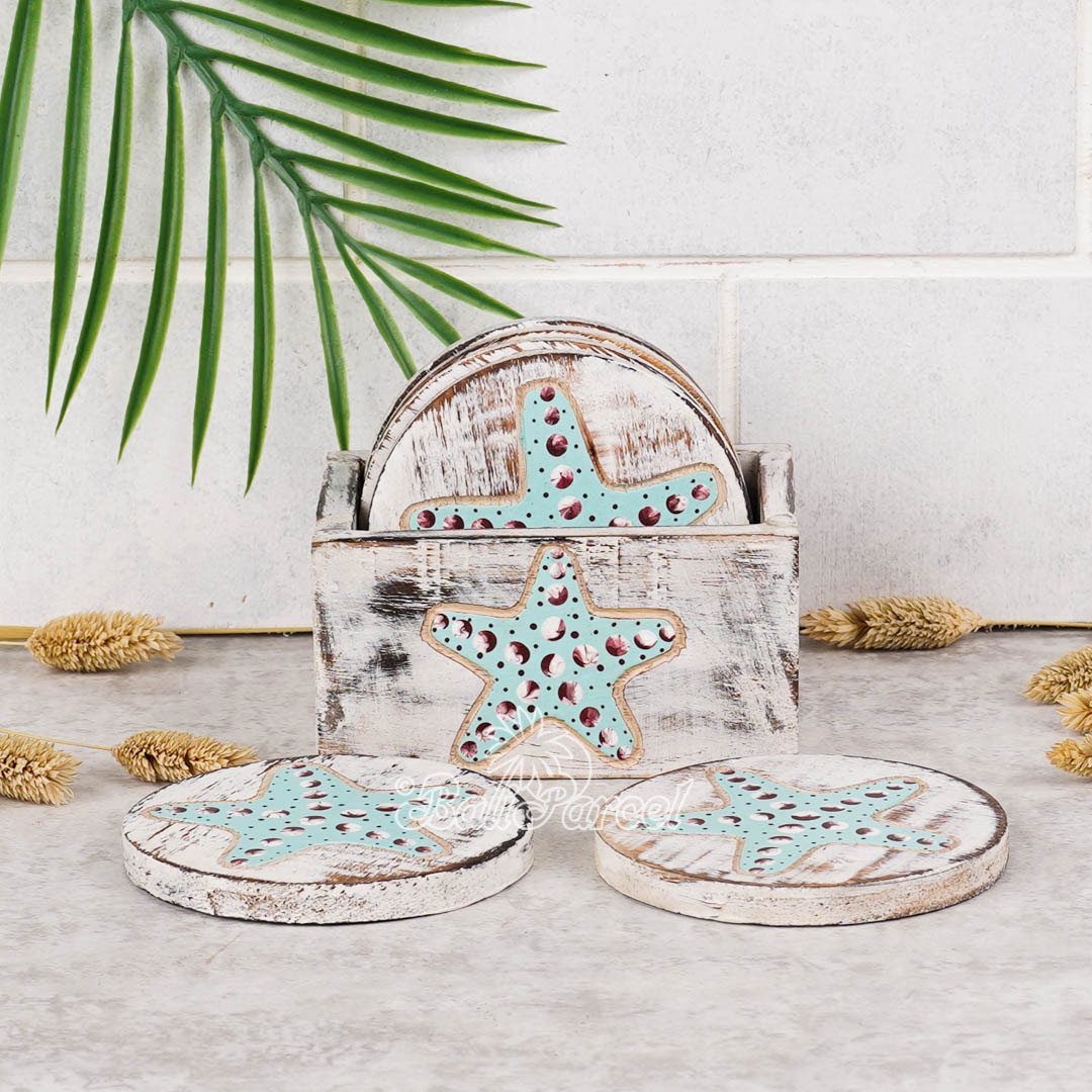 Wooden Coaster Round Set Of 6 With Boxed And Painting, Handmade From Albeisa Wood