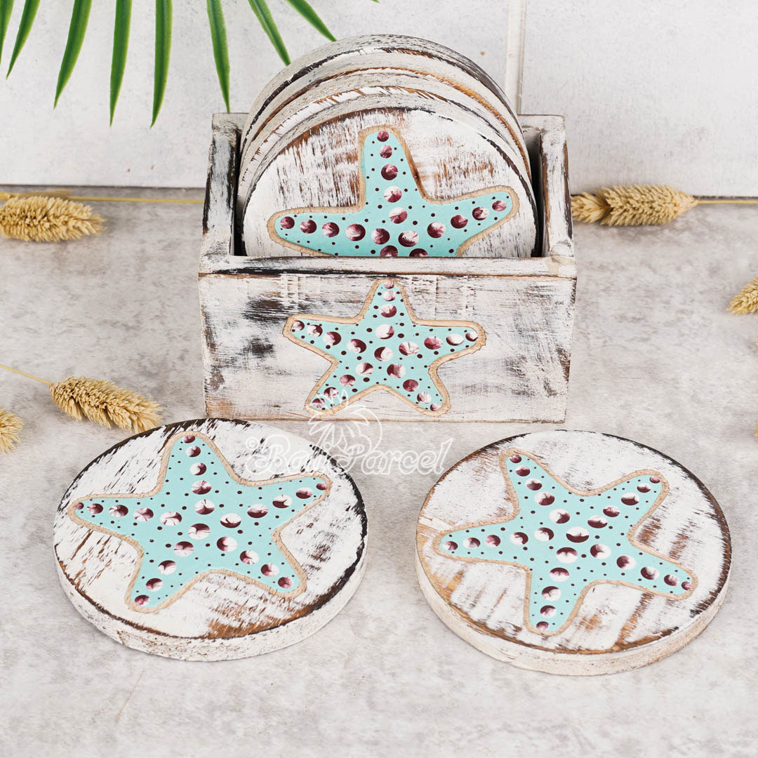 Wooden Coaster Round Set Of 6 With Boxed And Painting, Handmade From Albeisa Wood