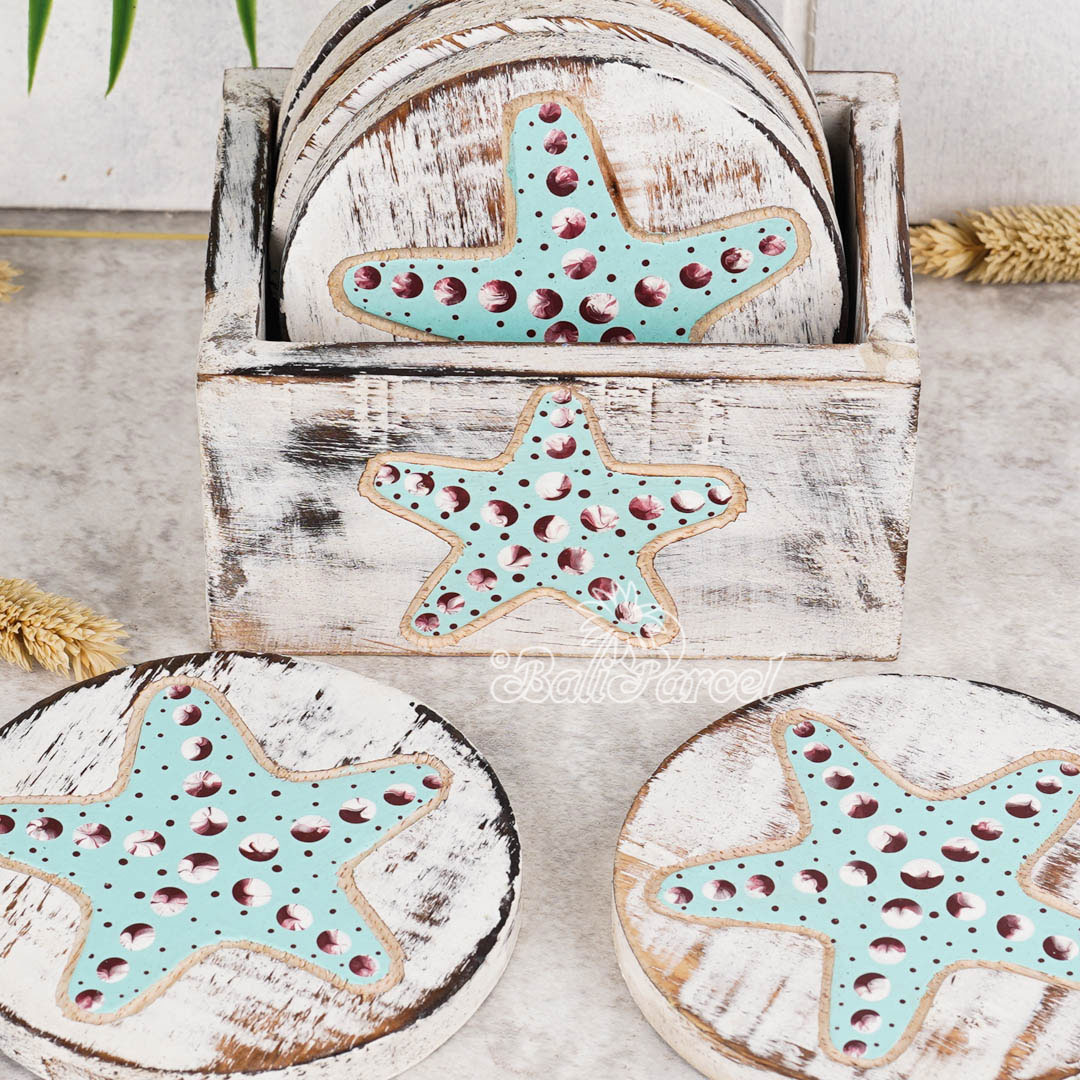 Wooden Coaster Round Set Of 6 With Boxed And Painting, Handmade From Albeisa Wood
