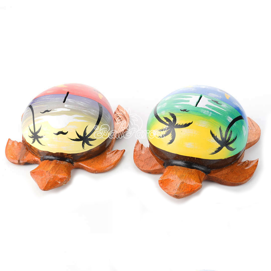 Assorted Coin Box Turtle Shape With Airbrush, Handmade From Coconut Shell And Wood