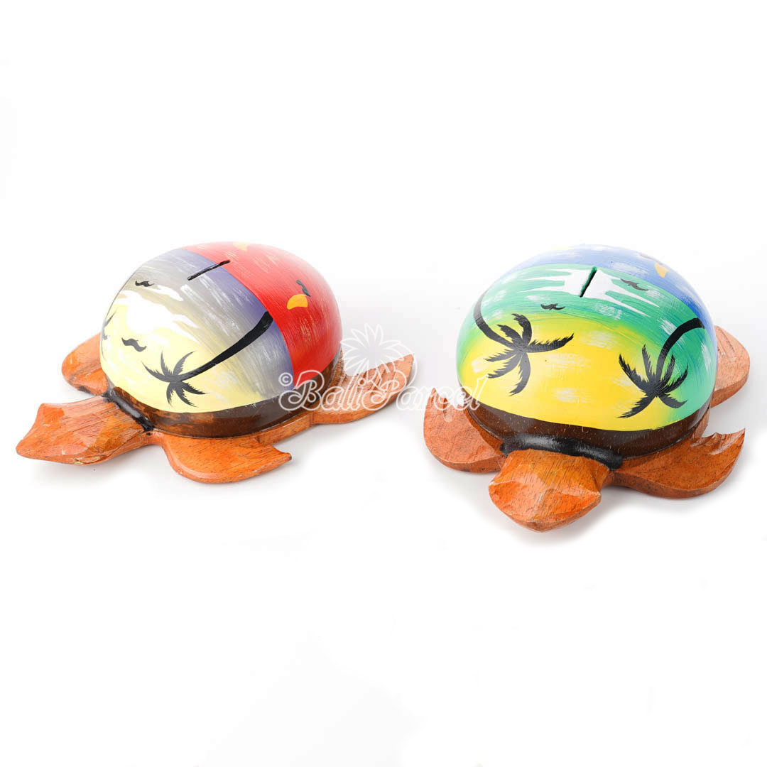 Assorted Coin Box Turtle Shape With Airbrush, Handmade From Coconut Shell And Wood