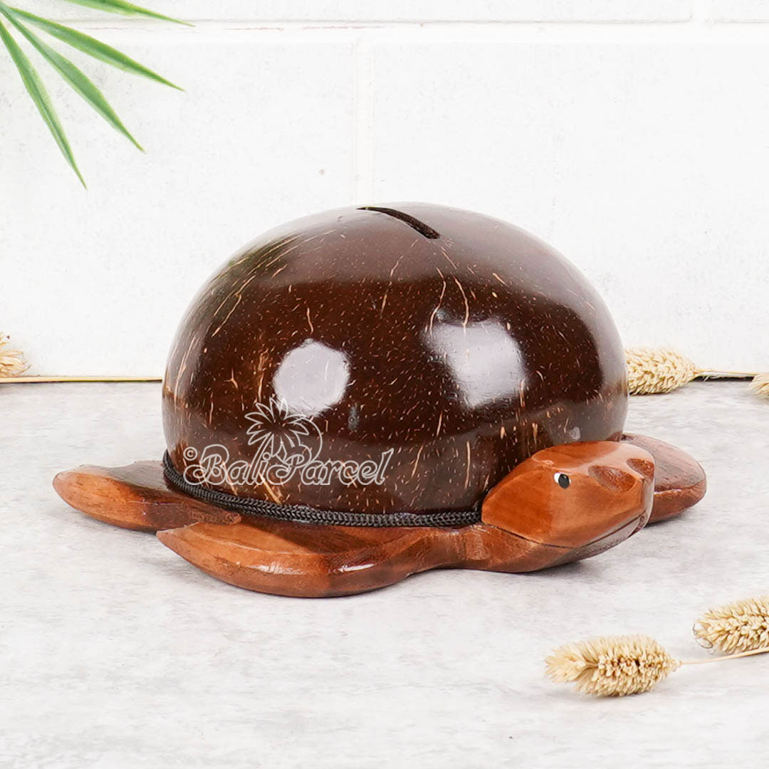Coin Box Turtle Shape, Handmade From Coconut Shell And Wood
