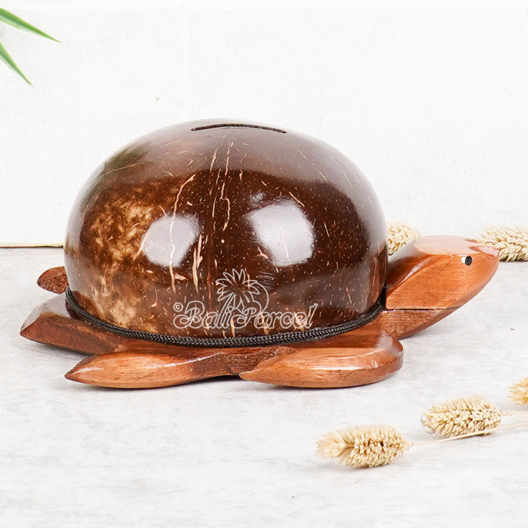 Coin Box Turtle Shape, Handmade From Coconut Shell And Wood