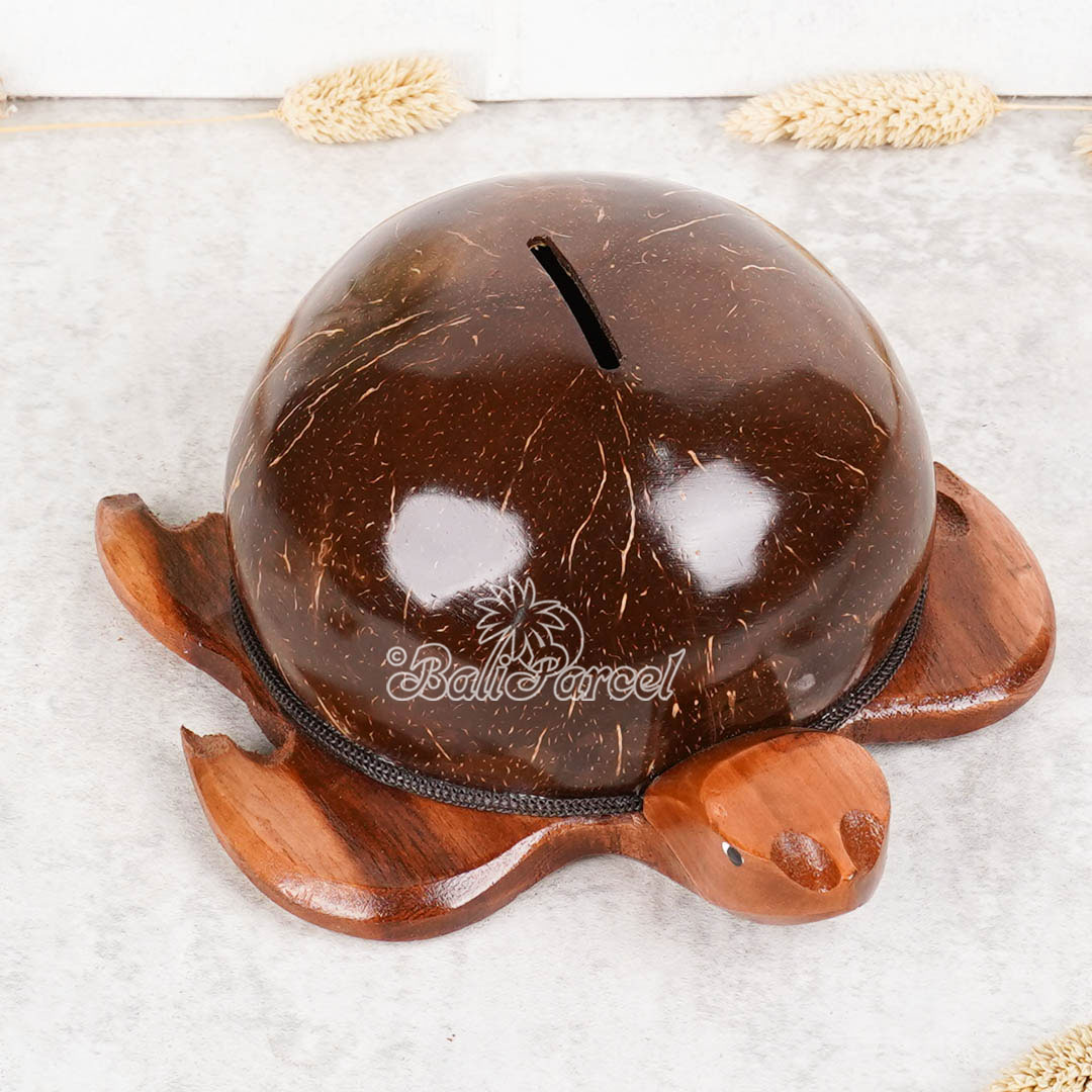 Coin Box Turtle Shape, Handmade From Coconut Shell And Wood