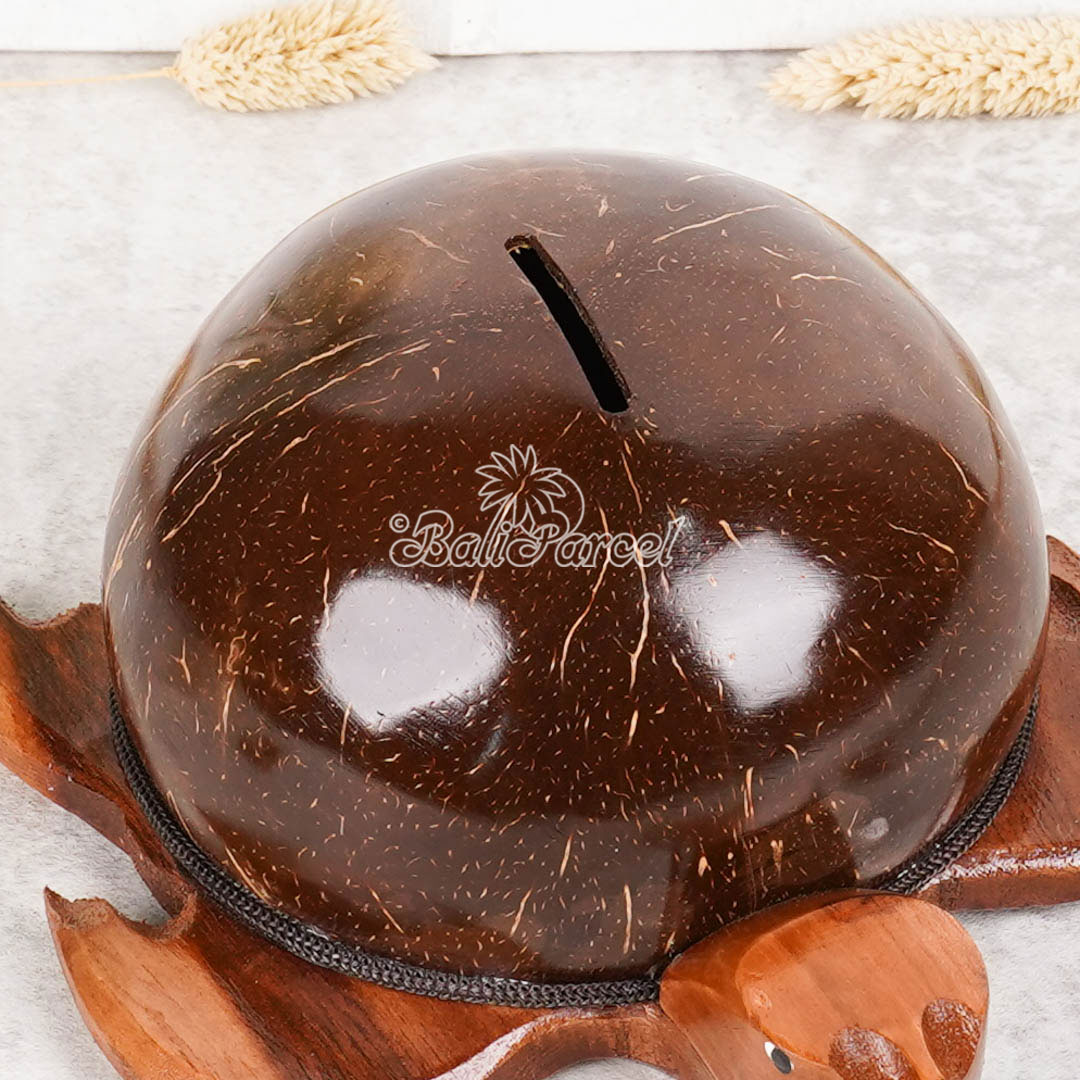 Coin Box Turtle Shape, Handmade From Coconut Shell And Wood