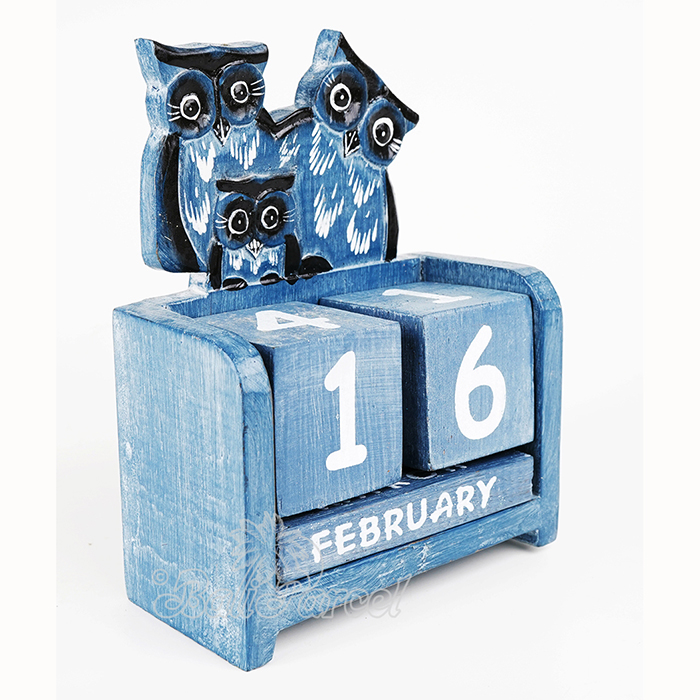 Wooden Calendar With Owl Family Handmade From Albesia Wood