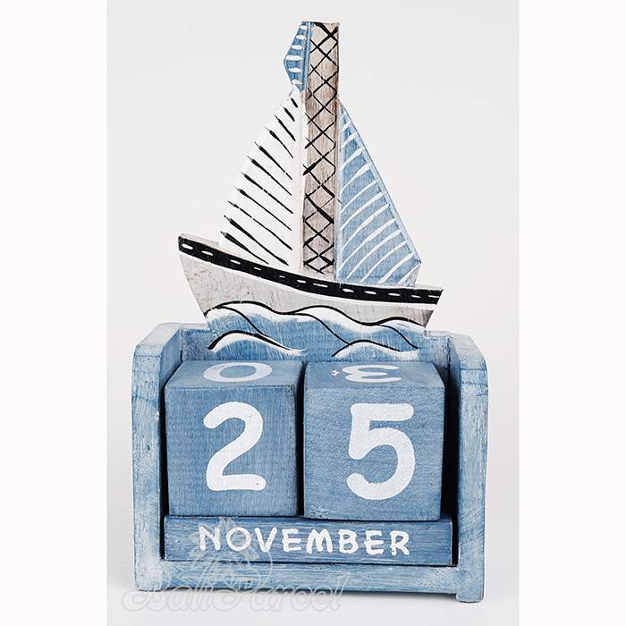 Wooden Calendar With Boat Handmade From Albesia Wood