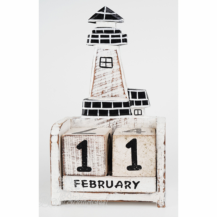 Wooden Calendar With Lighthouse Handmade From Albesia Wood