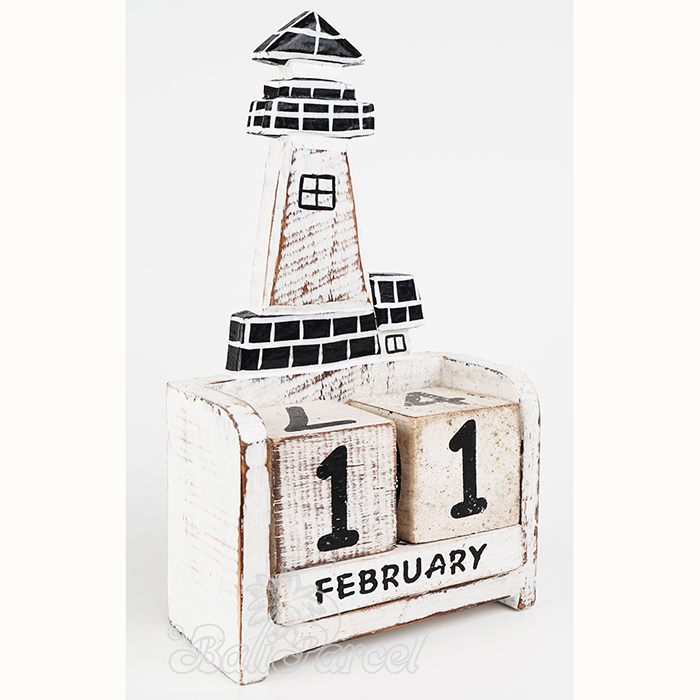 Wooden Calendar With Lighthouse Handmade From Albesia Wood