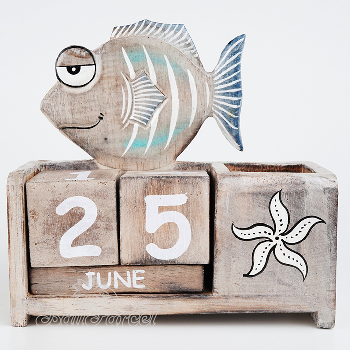 Wooden Calendar With Fish Box Pencil Handmade From Albesia Wood