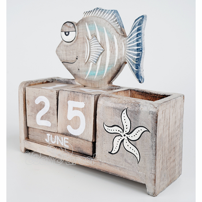Wooden Calendar With Fish Box Pencil Handmade From Albesia Wood