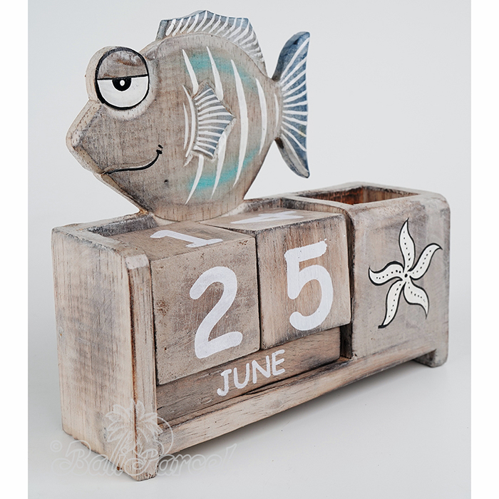Wooden Calendar With Fish Box Pencil Handmade From Albesia Wood