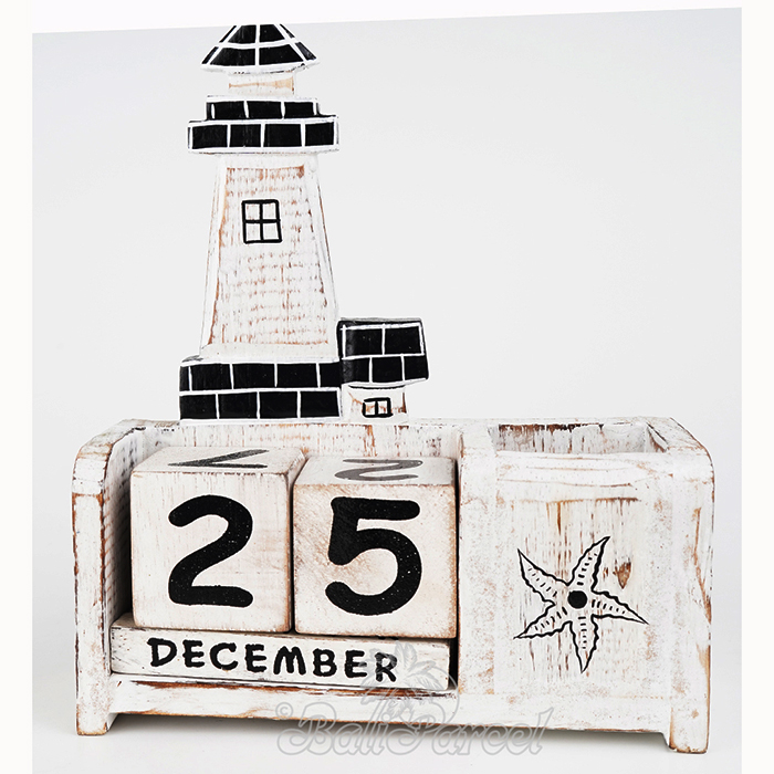 Wooden Calendar With Lighthouse Box Pencil Handmade From Albesia Wood