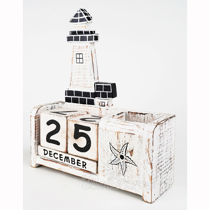 Wooden Calendar With Lighthouse Box Pencil Handmade From Albesia Wood