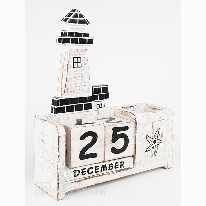 Wooden Calendar With Lighthouse Box Pencil Handmade From Albesia Wood