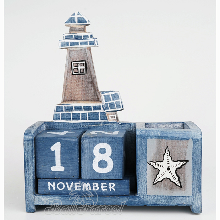 Wooden Calendar With Lighthouse Box Pencil Handmade From Albesia Wood