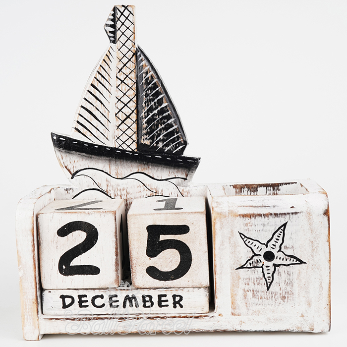 Wooden Calendar With Boat Box Pencil Handmade From Albesia Wood