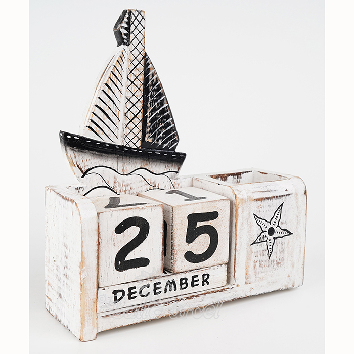 Wooden Calendar With Boat Box Pencil Handmade From Albesia Wood