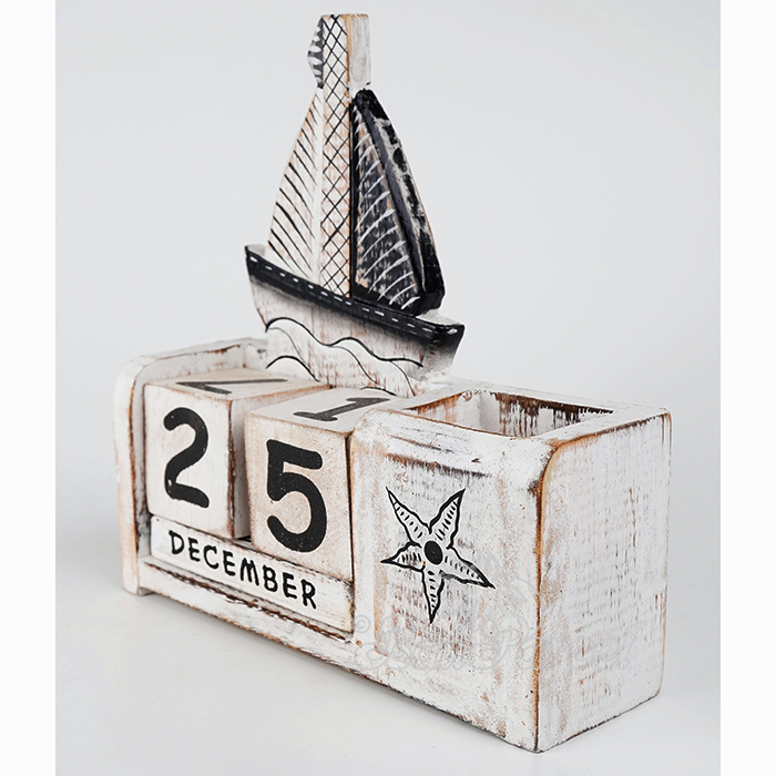 Wooden Calendar With Boat Box Pencil Handmade From Albesia Wood