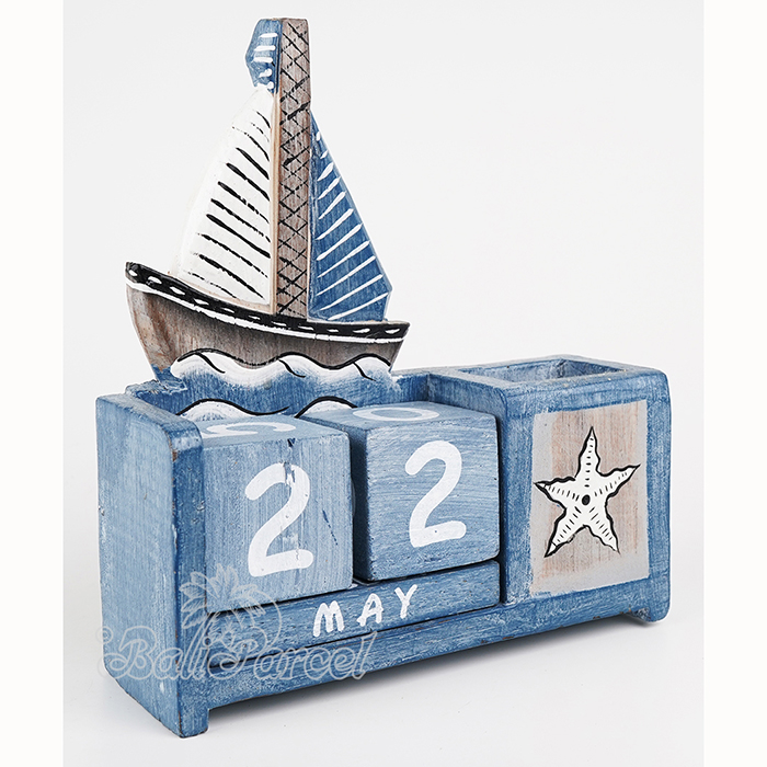 Wooden Calendar With Boat Box Pencil Handmade From Albesia Wood