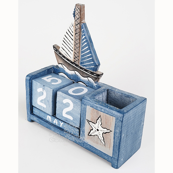 Wooden Calendar With Boat Box Pencil Handmade From Albesia Wood