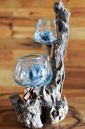 2 Blown Glass Bowl On Driftwood Base, The Glass Size Is 15cm / 6" And 20cm / 8"