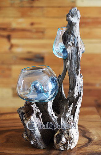 2 Blown Glass Bowl On Driftwood Base, The Glass Size Is 15cm / 6" And 20cm / 8"