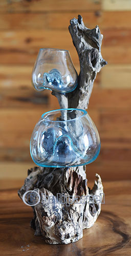 2 Blown Glass Bowl On Driftwood Base, The Glass Size Is 15cm / 6" And 20cm / 8"