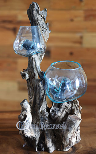 2 Blown Glass Bowl On Driftwood Base, The Glass Size Is 15cm / 6" And 20cm / 8"