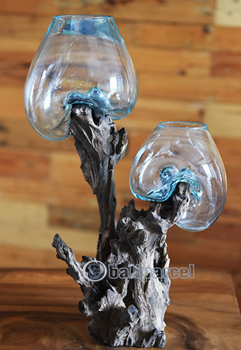 2 Blown Glass Bowl On Driftwood Base, The Glass Size Is 20cm / 8" And 25cm / 10"