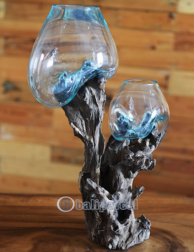 2 Blown Glass Bowl On Driftwood Base, The Glass Size Is 20cm / 8" And 25cm / 10"