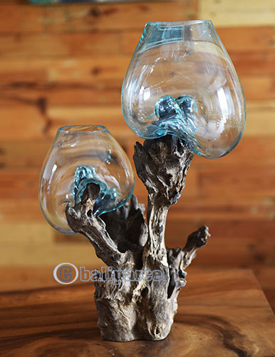 2 Blown Glass Bowl On Driftwood Base, The Glass Size Is 20cm / 8" And 25cm / 10"