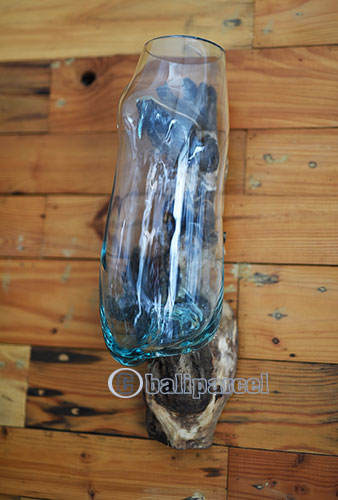Wall Decorative Blown Glass Bowl With Driftwood Stand 