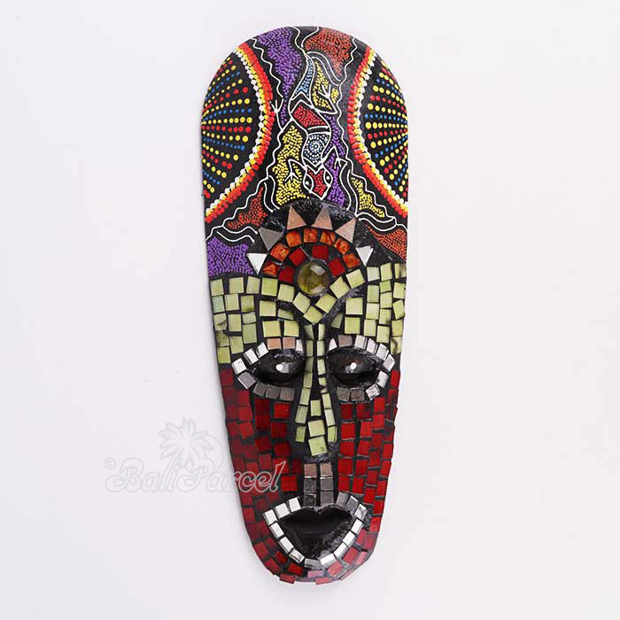 Wooden Mask Painted With Mosaic, Hand Carved From Albesia Wood