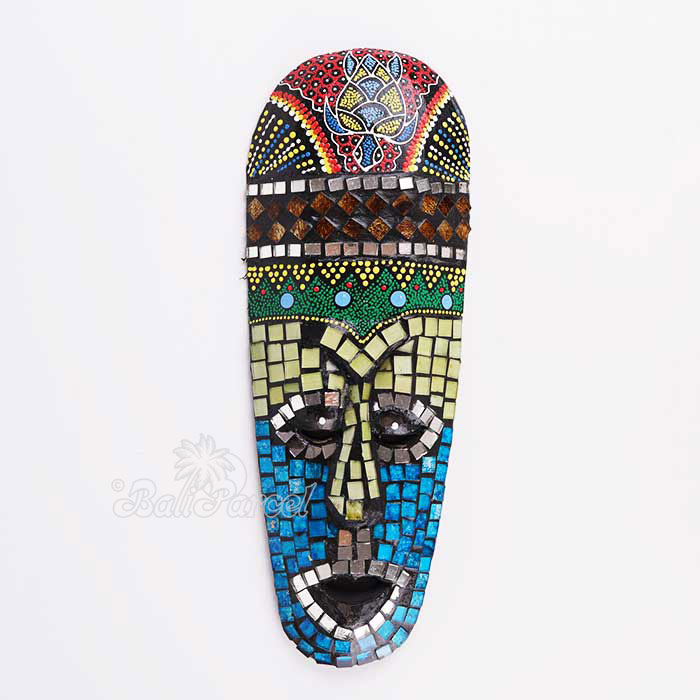 Wooden Mask Painted With Mosaic, Hand Carved From Albesia Wood