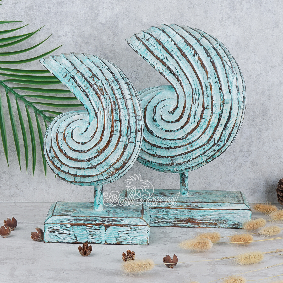 Wooden Stand Conch Set Of 2, Hand Carved From Albesia Wood.