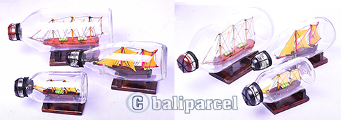 Miniatur Ship, Handmade From Wood With Glass