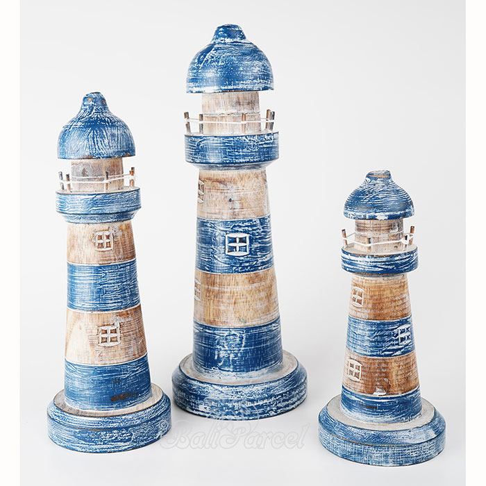 Wooden Lighthouse Set Of 3, Handmade From Albesia Wood